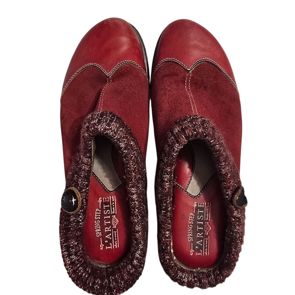 Spring Step L'Artiste Svetlana Suede Leather Red/Burgundy Knit-Trim Clog Mules 9